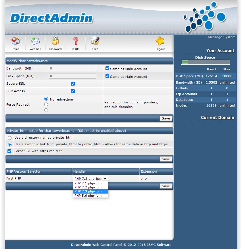 DirectAdmin PHP handler pulldown