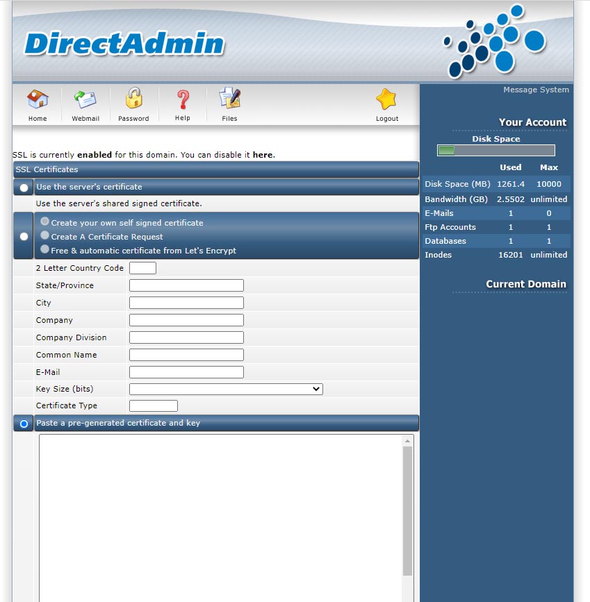 DirectAdmin SSL page