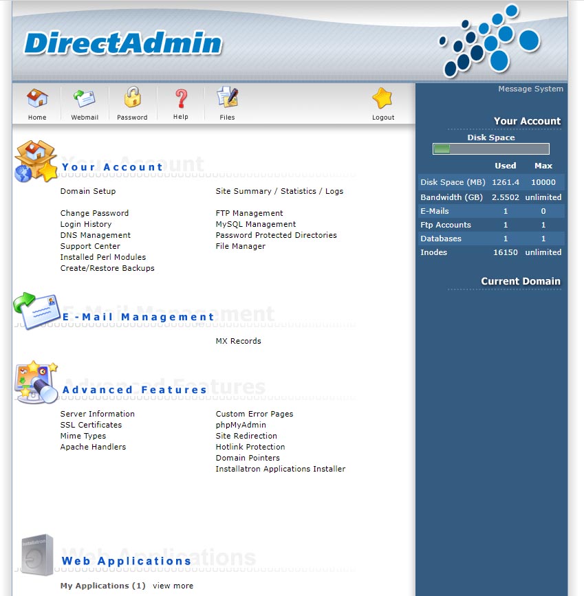 DirectAdmin control panel page