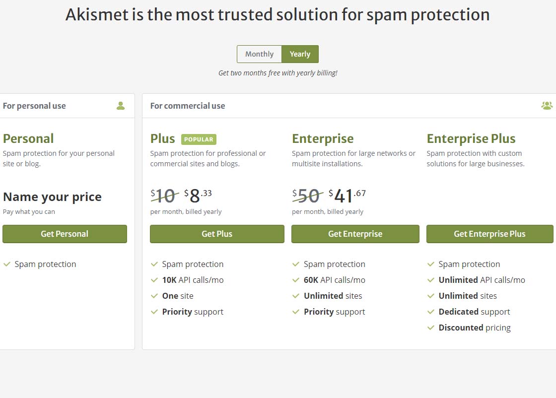 Akismet offering pricing page