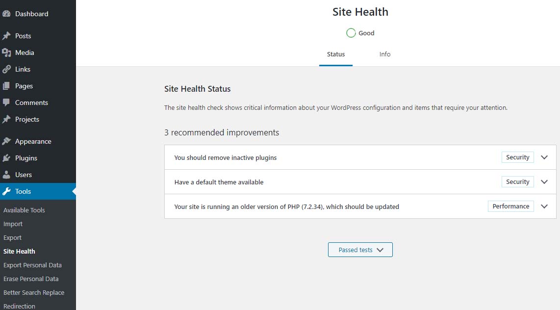 Site Health Status - Good - PHP 7.2 which should be updated
