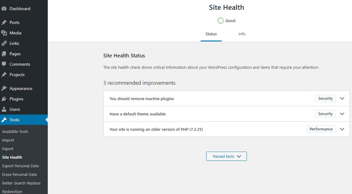 Site Health - Good - Site Health Status - 1 recommended improvement - running an older version of PHP - PHP 7.3.25