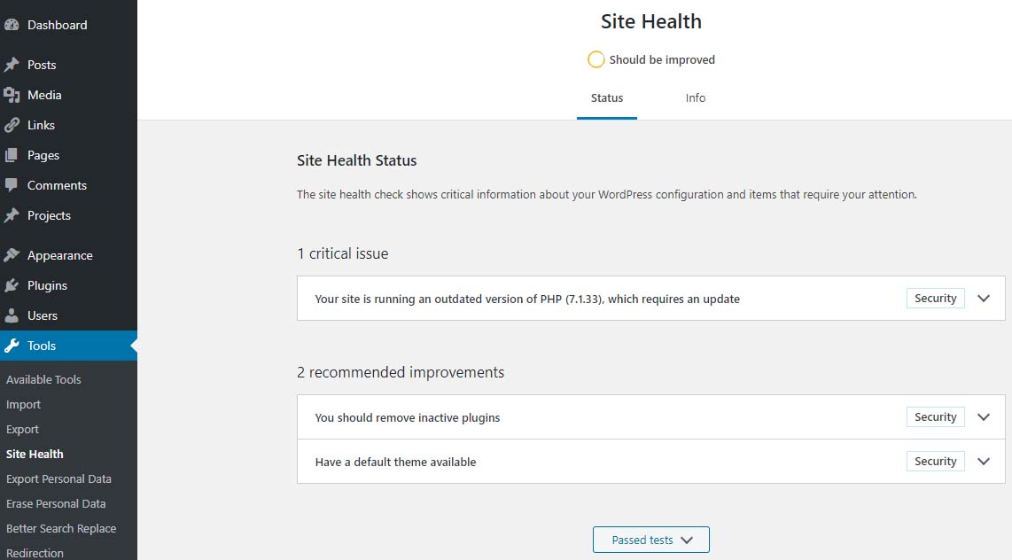 Site Health - Should be Improved - Site Health Status - 1 critical issue - running outdated version of PHP 7.1 requires an update