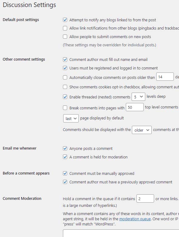 An example of a dashboard Discussion Settings panel