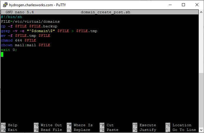 Putty screenshot showing the script being added using the Nano text editor