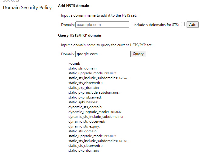 Google Chrome's Query HSTS/PKP domain text box