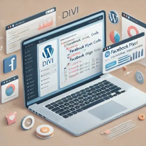 laptop screen displaying a WordPress site with coding window with Facebook Pixel code