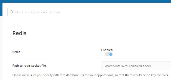 The Redis selection showing Redis Enabled along with displaying the Linux socket path