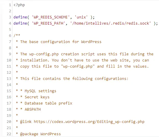 Sample WordPress wp-config.php file top showing placement of Redis coding