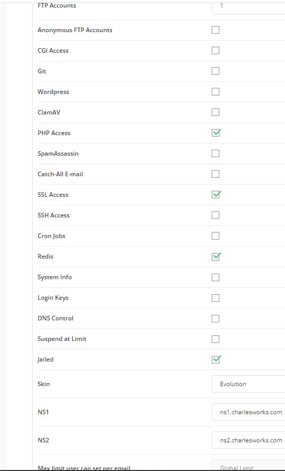 Section of the DirectAdmin control panel website settings showing Redis checked for availability