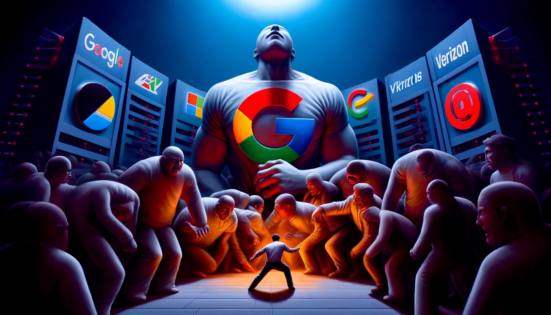 dramatic scene where large figures representing big email companies Google Microsoft Verizon are surrounding and overpowering smaller ones