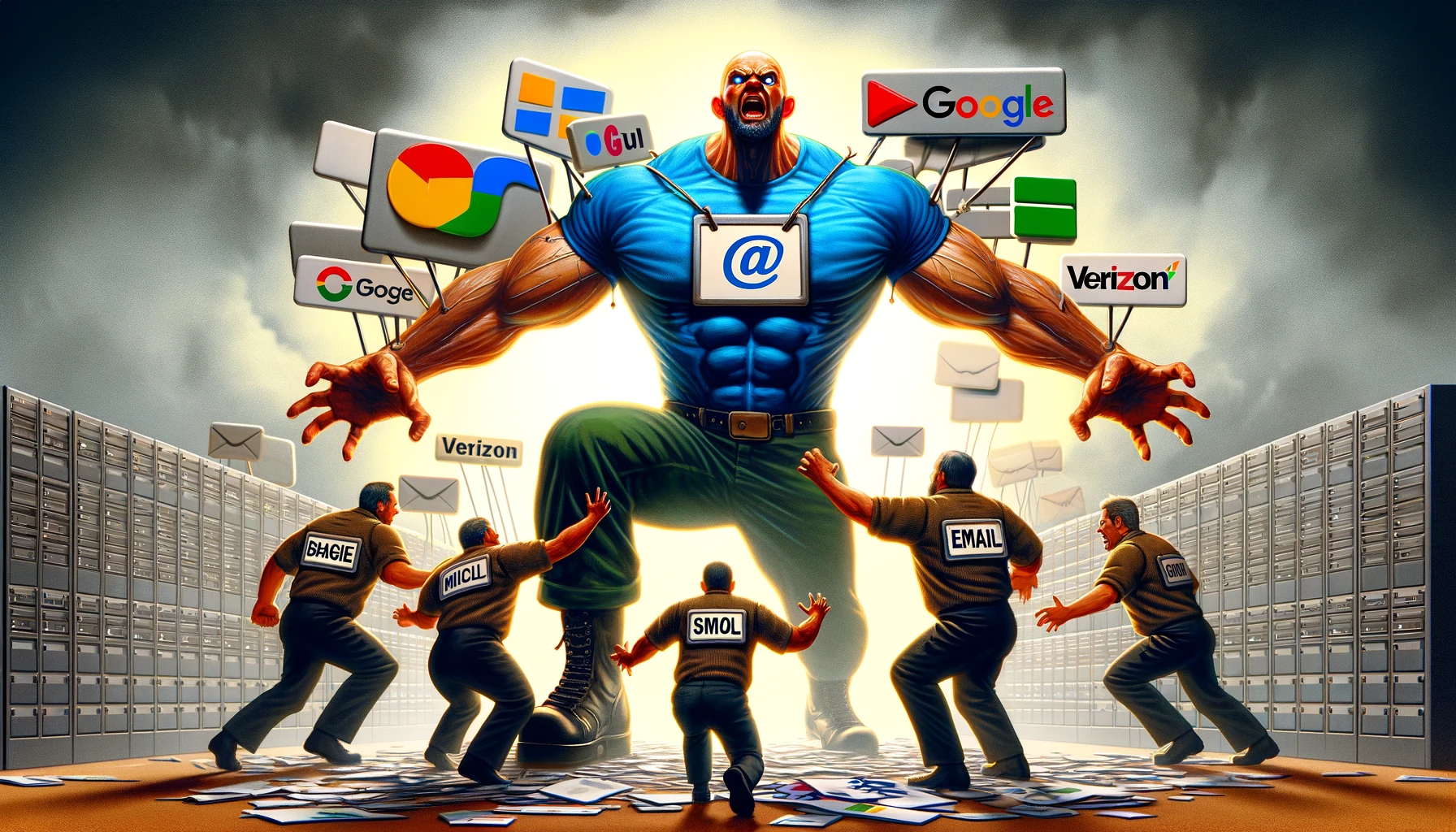 dramatic scene where large figures representing big email companies like Google Microsoft Verizon are aggressively pushing back or blocking smaller ones