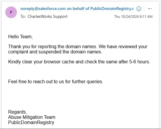 Response to phishing complaint