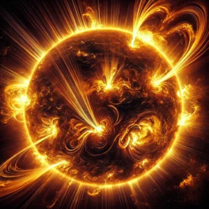 Solar flares erupting from surface of sun depiction