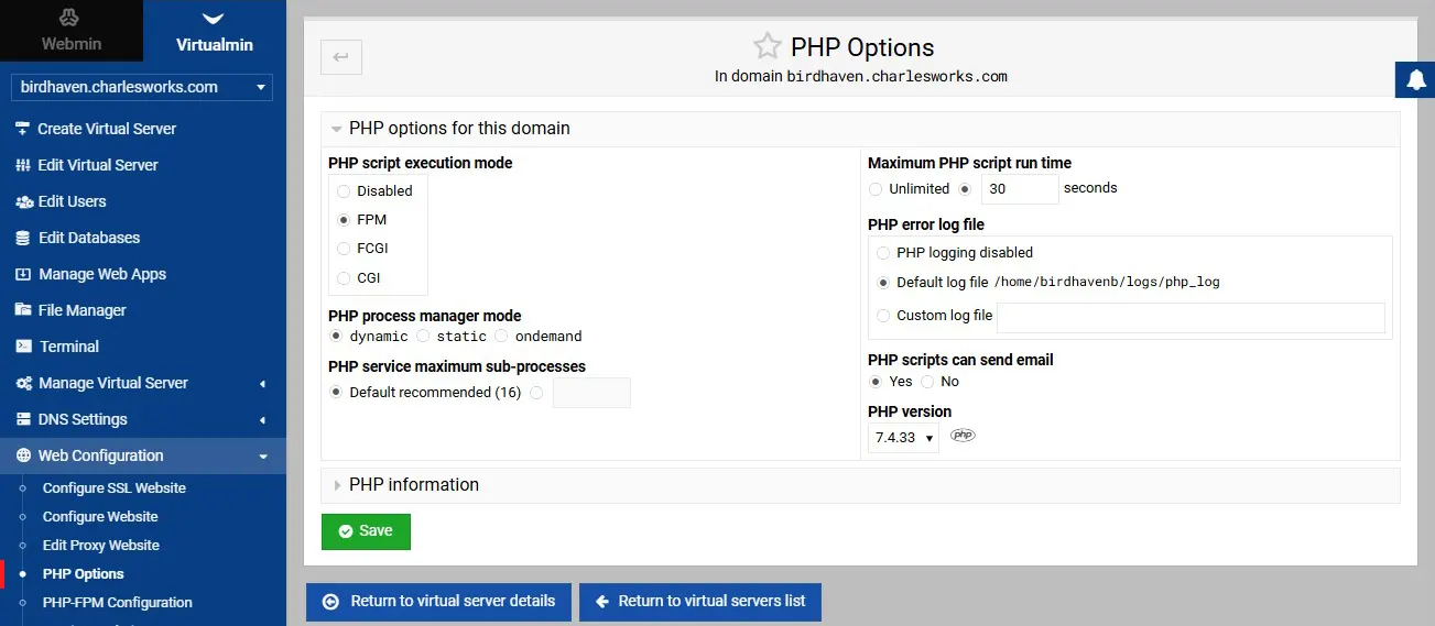 Virtualmin PHP Options Page