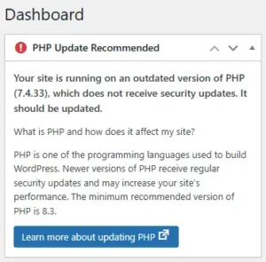 PHP update recommended dashboard notification