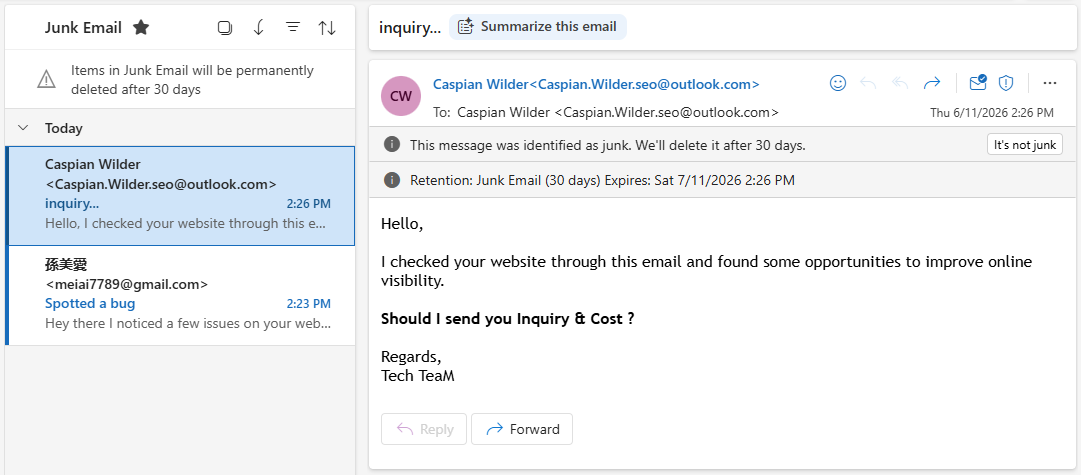 Checked your website through email spam